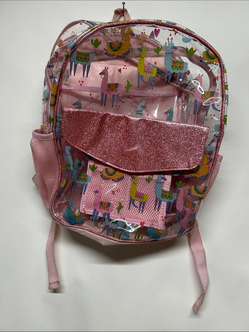Girls' Pink Llama Clear Backpack with Glitter Flap clear
